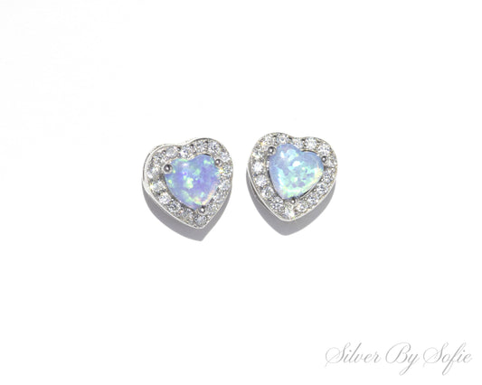 Light blue opal heart shaped sterling silver earrings