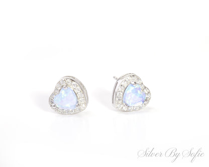 Light blue opal heart shaped sterling silver earrings