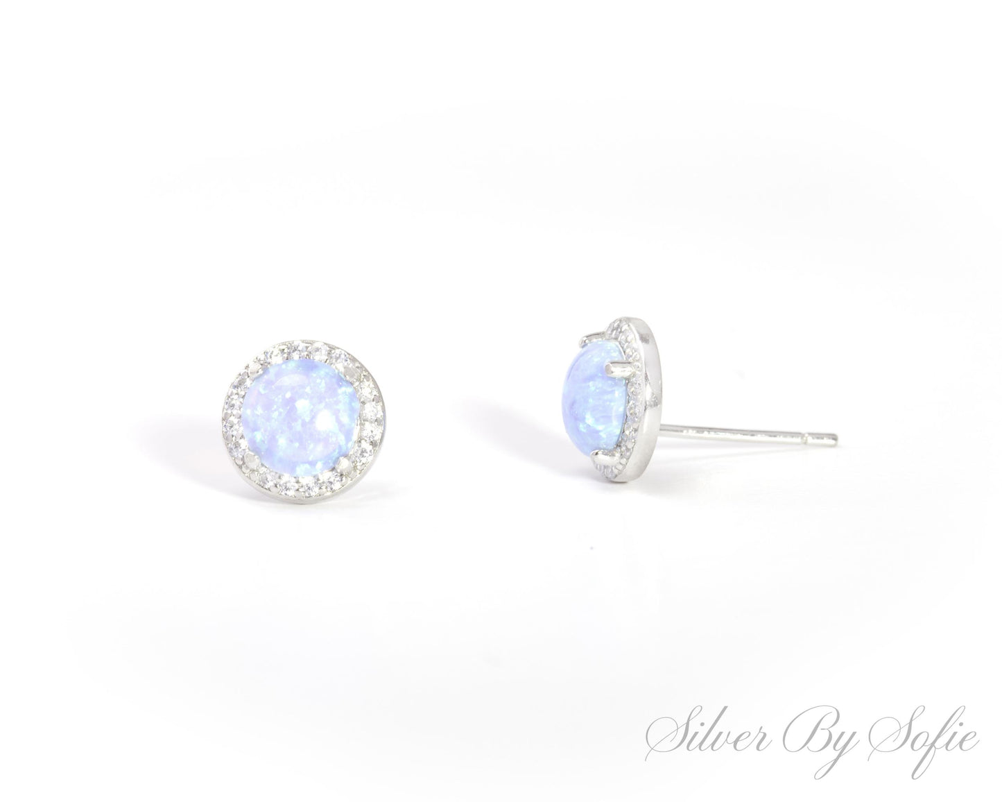 Light blue circular opal sterling silver earrings