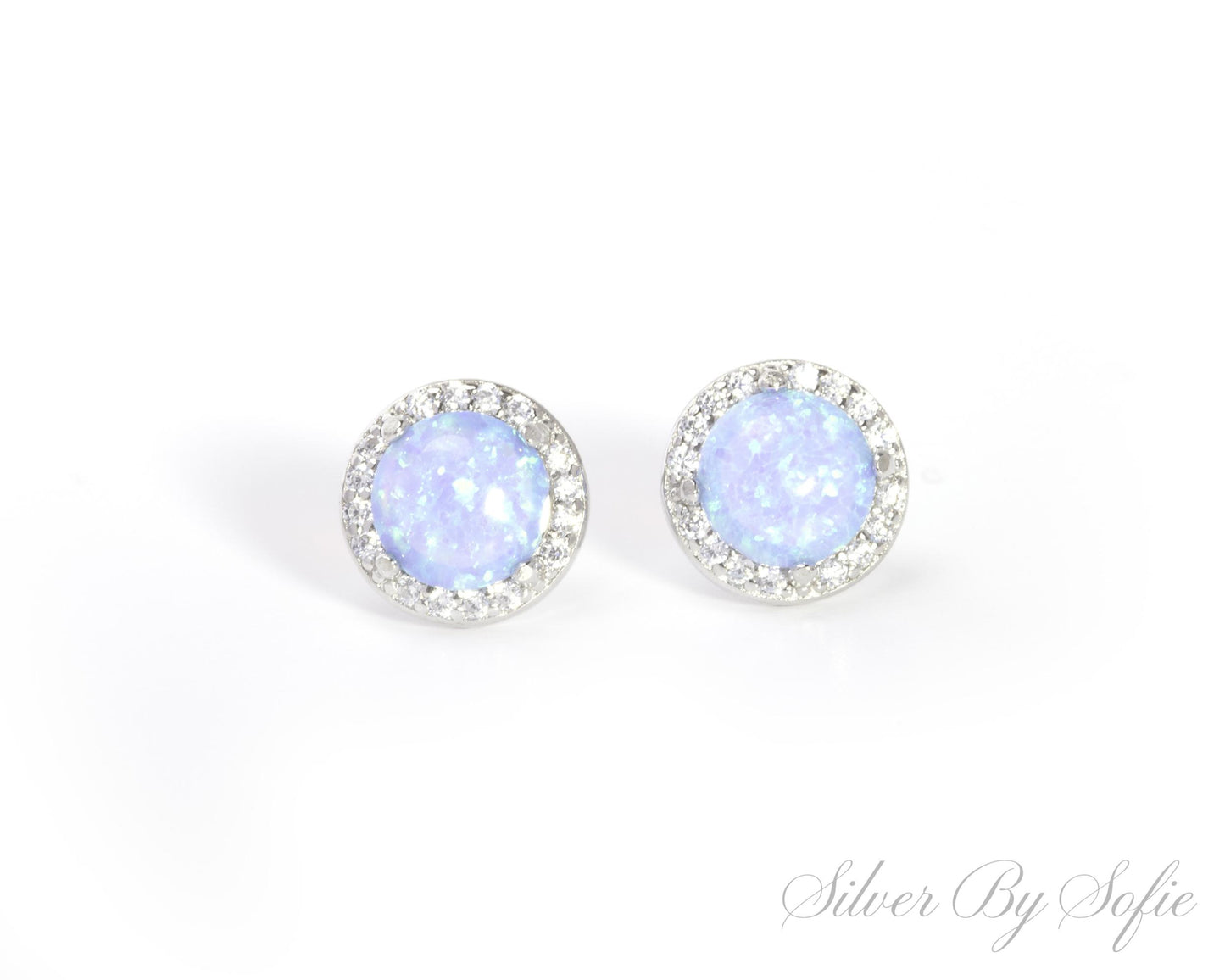 Light blue circular opal sterling silver earrings