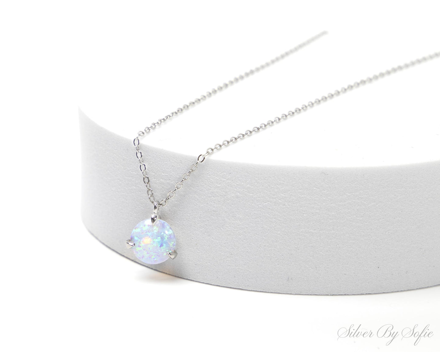 Light blue opal sterling silver 3 prong necklace