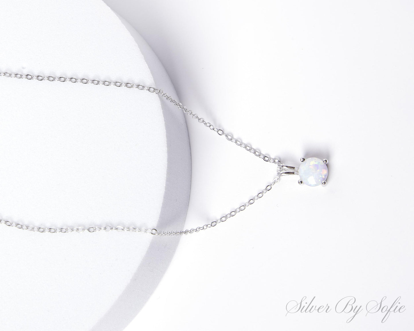 White opal sterling silver 4 prong necklace