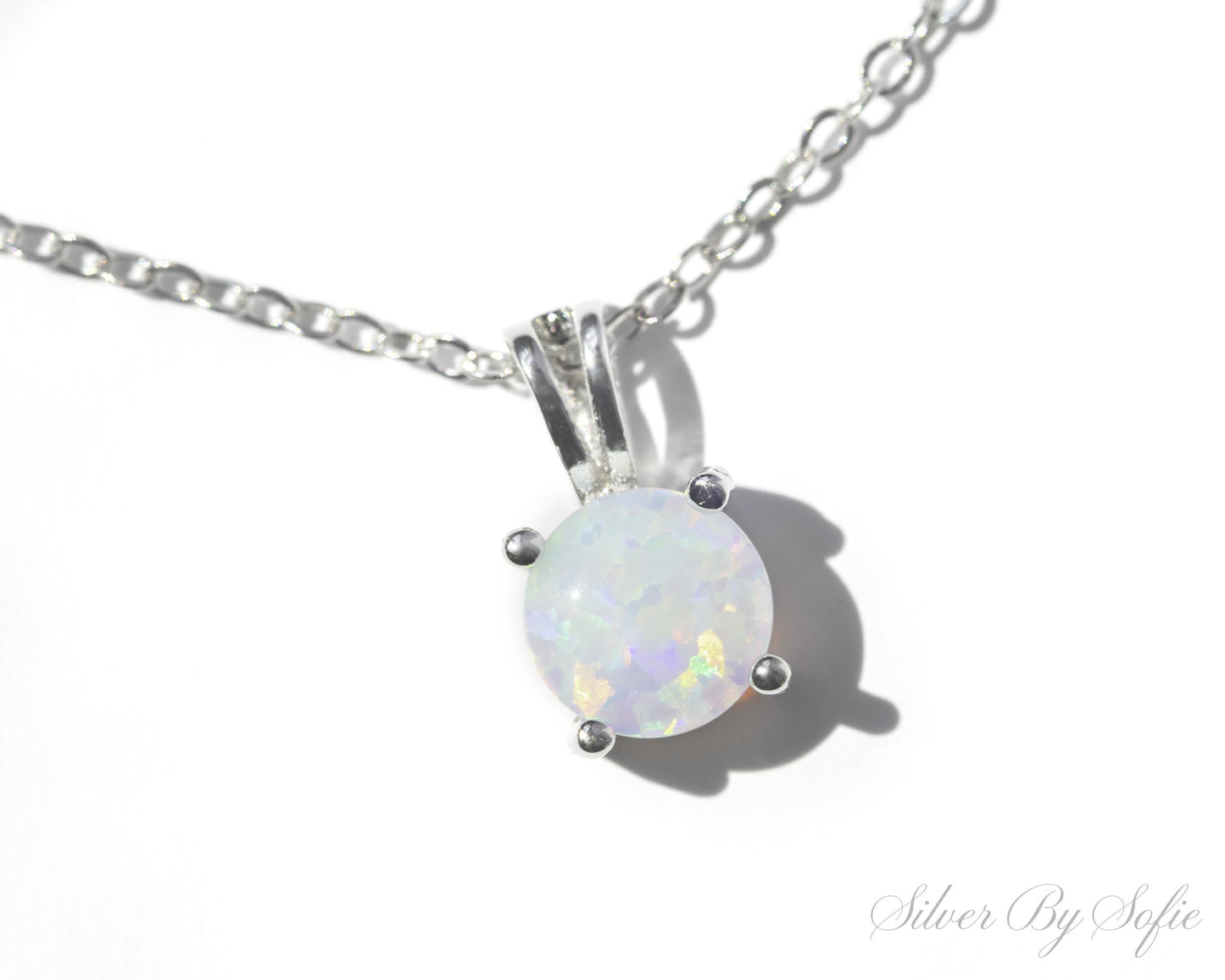 White opal sterling silver 4 prong necklace