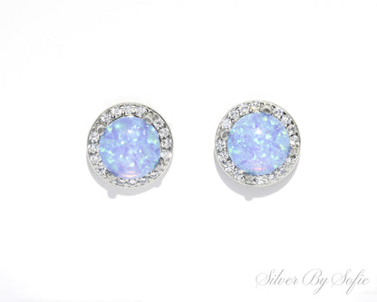 Light blue circular opal sterling silver earrings