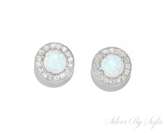 White opal circle sterling silver earrings